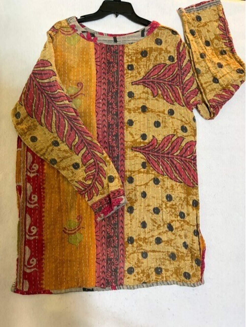 Reversible Long Sleeve Patchwork Blouse with Floral and Leaf Patterns